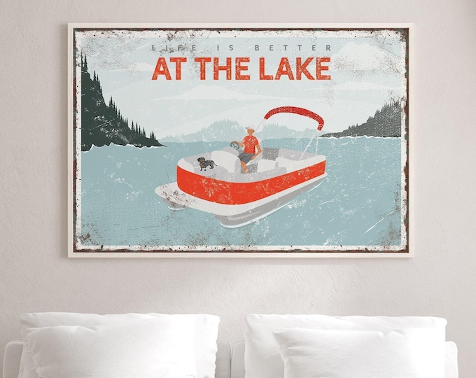 Rustic Lake House Sign - Man with Dog, Pontoon Boat Art
