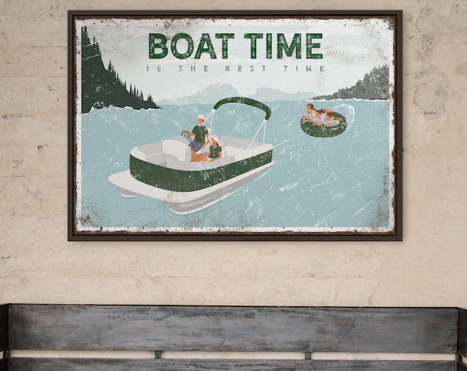 Vintage BOAT TIME Sign, Family of Five on Pontoon Boat, Lake Gift for Family, Kids Tubing behind Pontoon Boat, Can be Personalized {VPL}