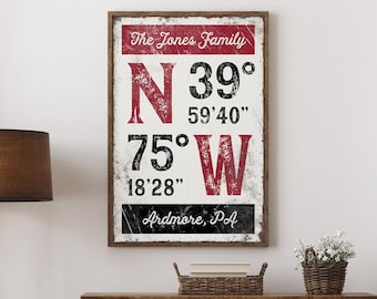 The Jones Family Coordinates Sign, Personalized GPS Latitude Longitude Wall Art