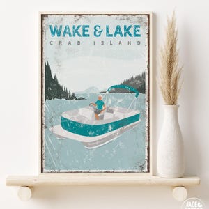 vintage PONTOON BOAT poster, custom lake house wall decor, wake and lake sign, Crab Island wall art, teal lake decor {vpl}