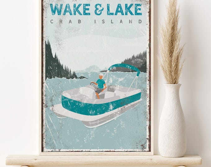 vintage PONTOON BOAT poster, custom lake house wall decor, wake and lake sign, Crab Island wall art, teal lake decor {vpl}