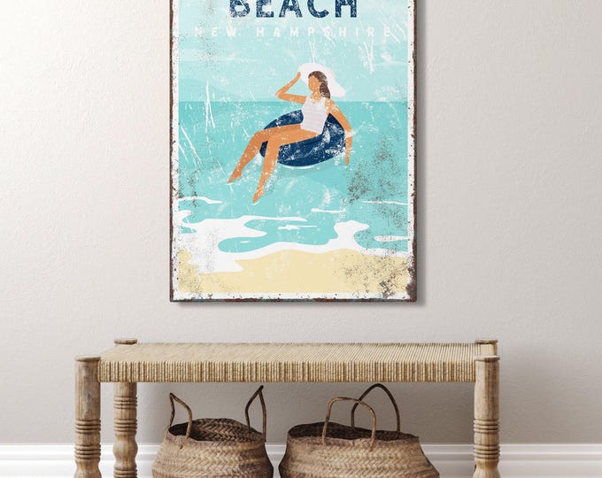 nautical beach house decor > vintage wall art sign for personalized beachhouse decor, Hampton Beach canvas, New Hampshire art print {vpb}