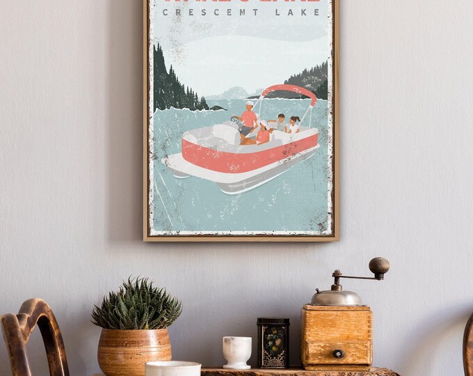 personalized FAMILY pontoon boat sign WAKE and LAKE, family of four, Crescent Lake, Vintage Lake Poster, coral pink lake house gift {vpl}