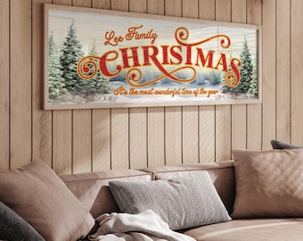 Winter Landscape Sign Custom Family Name Cream Gold Christmas Decor