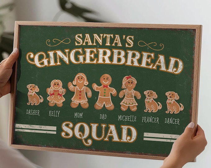 Custom Gingerbread Family Sign, Gingerbread Family with Pets, Pick up to 8 Gingerbread Family Members, Gift for Large Family, Gift for Mom