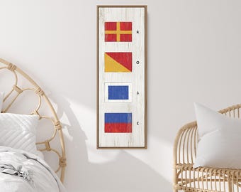 Vertical Last Name Sign: Nautical Flags - Rustic Wood Frame