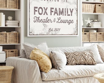 Custom Family Theater Sign - Vintage White Distressed Canvas Art
