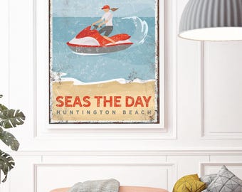 retro BEACH JETSKI poster, vintage huntington beach sign, custom text and accent colors, personalized beach house canvas prints {vpb}