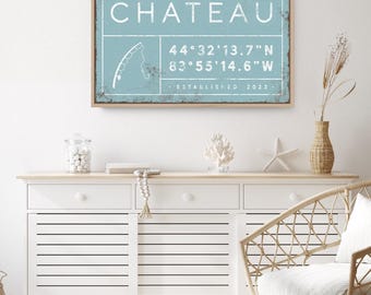 Family Name Wall Sign, Rustic Wood, Custom Coordinates (Beach House)