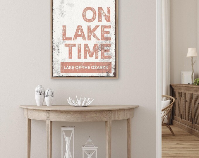 On Lake Time Wall Art: Coral Pink, Rustic Framed Canvas