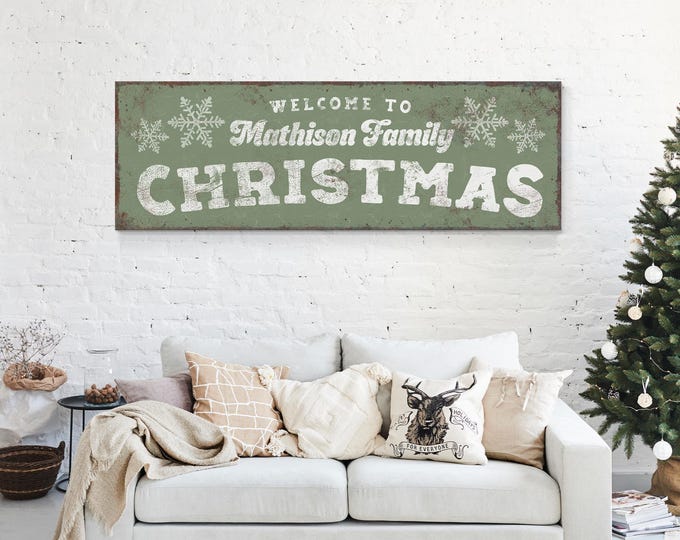 Holiday Wall Sign, Vintage Metal, Sage Green (Personalized Family Name)