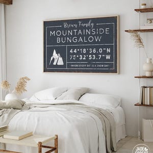 a bedroom with a large framed sign on the wall that reads "Brown Family Mountaineous Bungalow". The sign provides the coordinates "44° 18' 36.0" N 75° 32' 53.7" W" and indicates that every day is a snow day. The room has a bed, a nightstand, and a bookshelf, creating a cozy and inviting atmosphere.