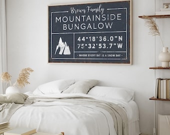 Vintage Ski Lodge Family Sign - Personalized Coordinates and Year