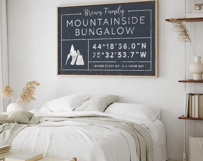 Vintage Ski Lodge Family Sign - Personalized Coordinates and Year
