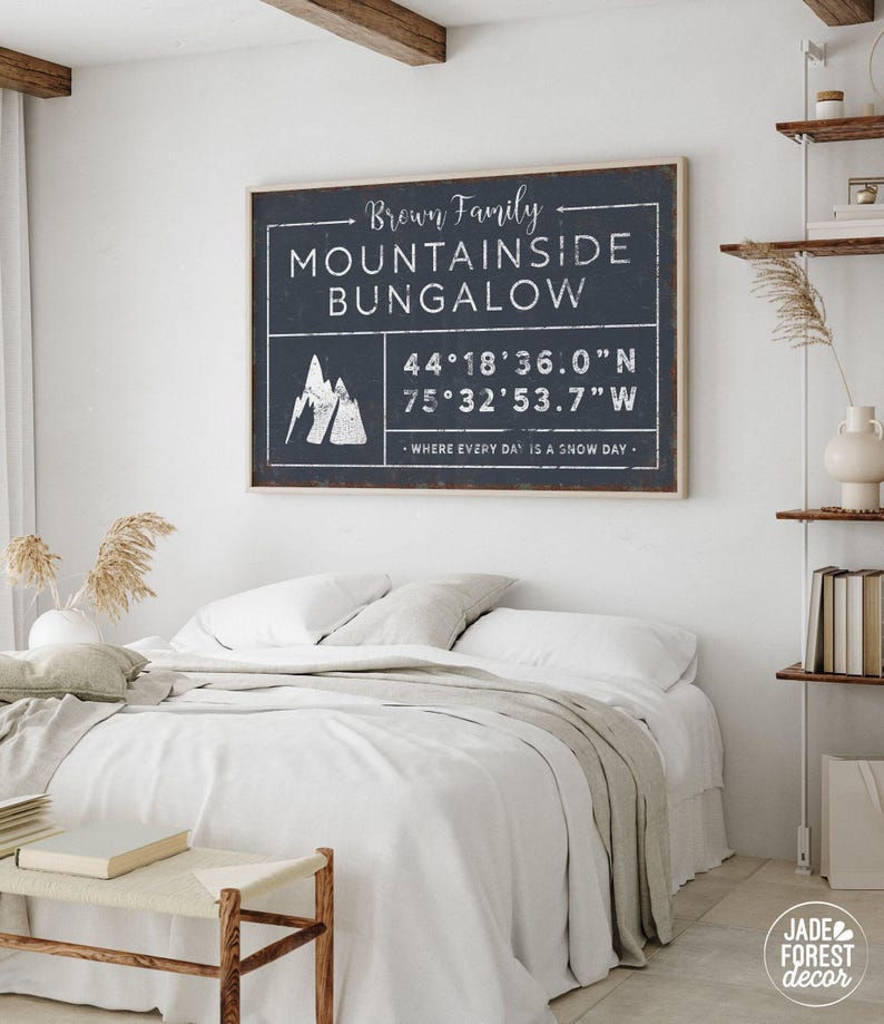 a bedroom with a large framed sign on the wall that reads "Brown Family Mountaineous Bungalow". The sign provides the coordinates "44° 18' 36.0" N 75° 32' 53.7" W" and indicates that every day is a snow day. The room has a bed, a nightstand, and a bookshelf, creating a cozy and inviting atmosphere.