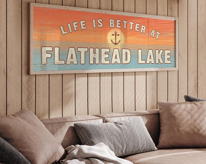 Welcome Sign Lake House, Flathead Sunset Anchor Wall Art, Custom Lake Name Decor