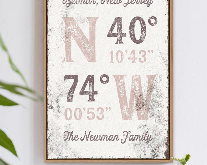 Coordinates Family Name Sign, Dusty Pink Rustic Style (Custom Text)