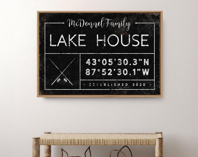 GPS Coordinate Art, Fishing Lake House Sign, Black White Family Name Plaque