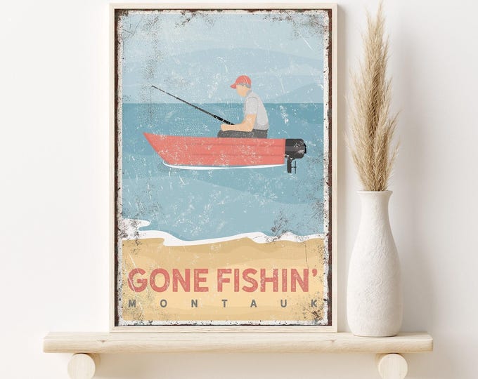 Montauk Sign, Gone Fishin Vintage Wall Art With Red Boat, Personalized Fishing Gift