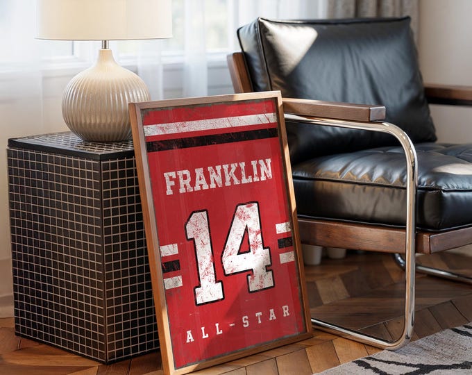 Sports Wall Art: Vintage Red Basketball Sign - Custom Name Jersey Style
