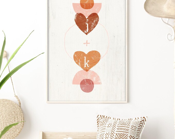 personalized valentine's day decor > custom boho heart sign with initials, vintage gift idea for her, modern abstract wall art {VAL06}
