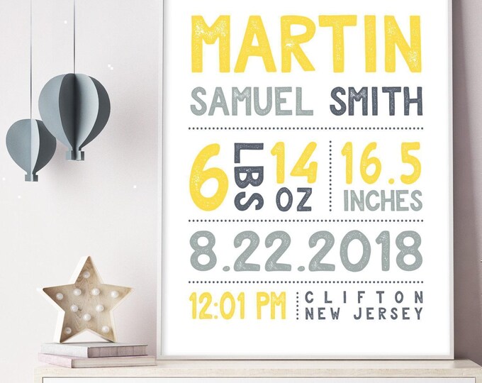 Gender Neutral Birth Stats Sign, Yellow Gray (Canvas or Printable)