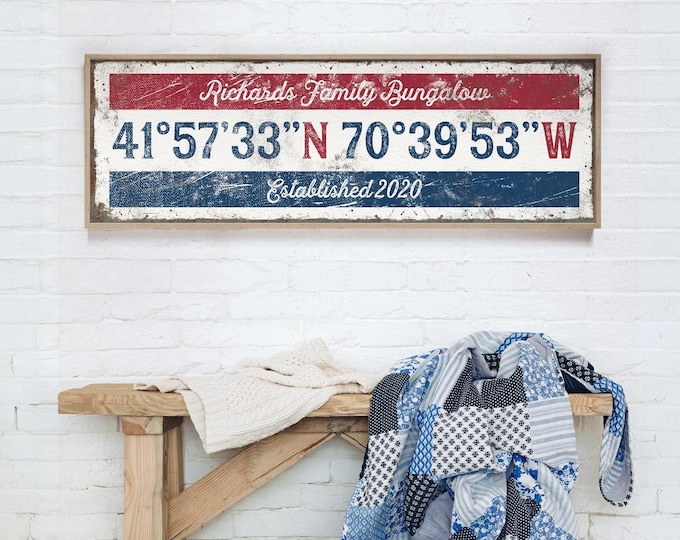 Family name coordinates banner, established decor in red and navy for the hallway