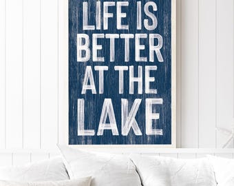 Lake House Wood Sign: Coastal Navy Blue, Distressed Finish