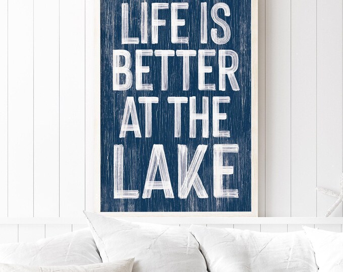 Lake House Wood Sign: Coastal Navy Blue, Distressed Finish