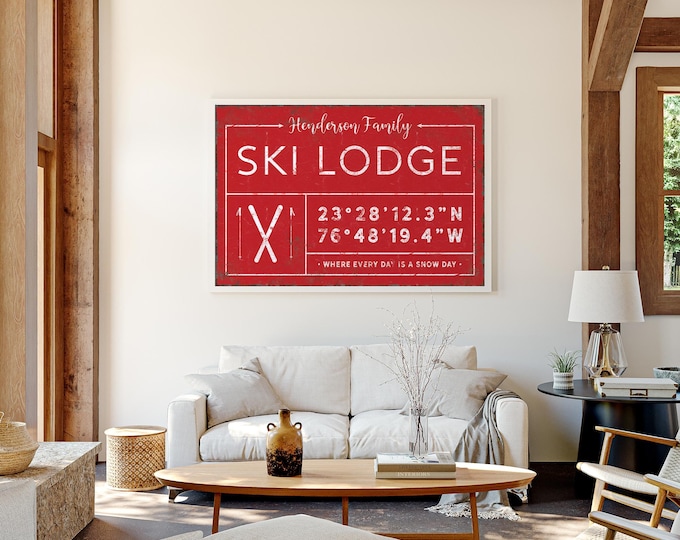 Lodge Sign, Personalized Family Ski Lodge Name Sign, Red Cabin Wall Art, Coordinates