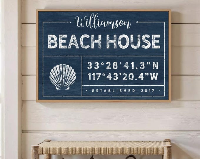 Custom Beach House Sign - Family Name with Coordinates and Shell Accent