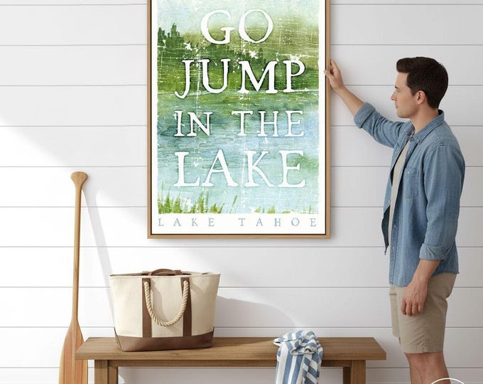 Go Jump In The Lake Sign, Green and White Watercolor Lakeshore Art, Custom Gift
