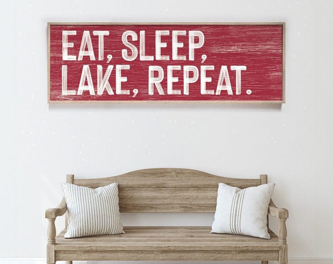 Lake Wall Print, Eat Sleep Lake Repeat Sign in Barn Red, Cabin Canvas in Custom Sizes