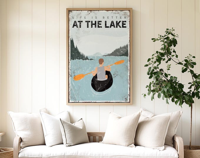 Lake House Decor, Personalized Decor, Kayak Wall Art, Vintage Lake Poster, Custom Kayaking Gift for Him, Retirement Home Sign {vpl}