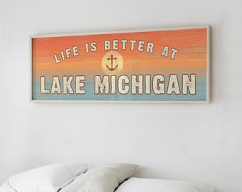 Coastal Metal Wall Sign, Lake Michigan (Custom Text, Multiple Sizes)
