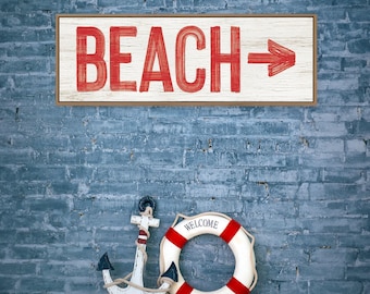 Weathered Beach Sign, Rustic Red Beach Arrow Wall Art, Faux Aged Wood Long Print