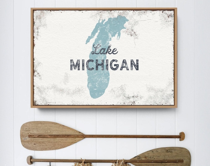 Lake Michigan Map Art, Powder Blue Silhouette, Personalized Family Name Gift For Cottage