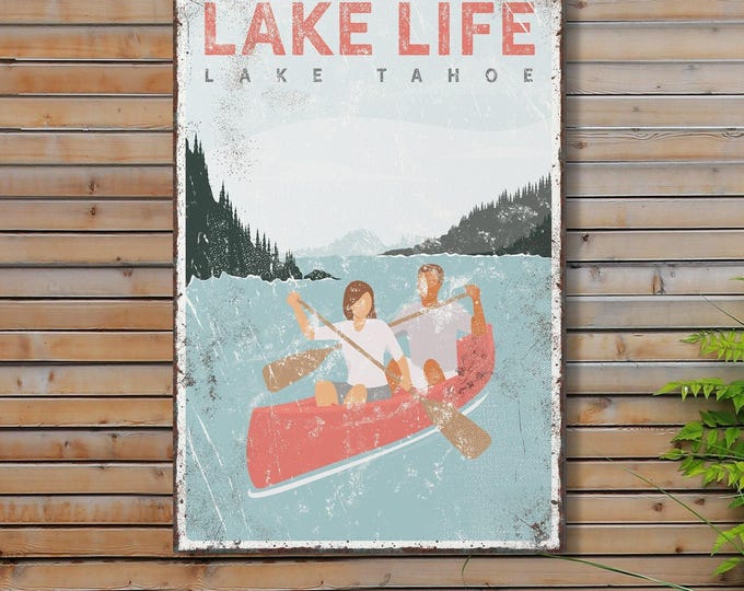 Vintage Poster, Personalized Lake, Lake House Decor, Canvas Canoe Sign, Coral Lake Wall Art, Rustic Tahoe Gift for Couples {vpl}