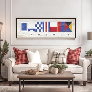 Seenamen-Kunst, nautisches Flaggenschild in Marineblau und Rot für Ihren Familiennamen