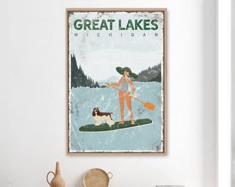 Paddleboard Wall Art: Custom Lake Sign with Dog and Woman (Multiple Sizes)
