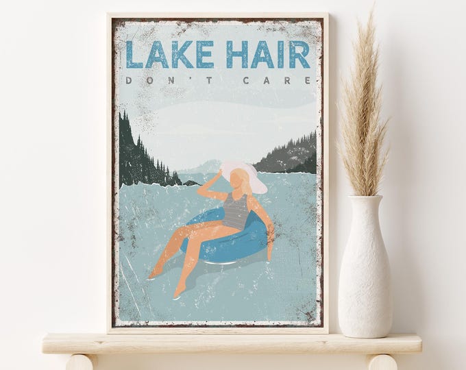 Vintage Lake Hair Sign, Personalized Cerulean Blue Lake House Decor, Lake Tubing Poster, Sunbathing Canvas Print, Lake Gift for Her {vpl}