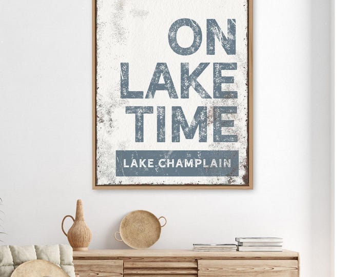Custom Lake House Sign - 'On Lake Time' Harbor Blue Canvas