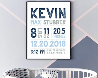 Navy Birth Stats Sign - Personalized Baby Nursery Wall Art