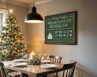 Mountain Bungalow Coordinates Sign, Personalized Canvas (Custom Name, Vine Green)