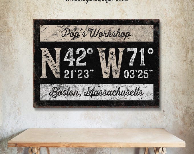 Workshop Sign, Vintage Canvas Print, Personalized GPS Coordinates (Multiple Sizes)