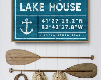 Custom Lake House, Personalized Sign, Family Name Print, Distressed Canvas Decor, Nautical Anchor Art, Vintage Blue Green Wall Hanging {gdo}