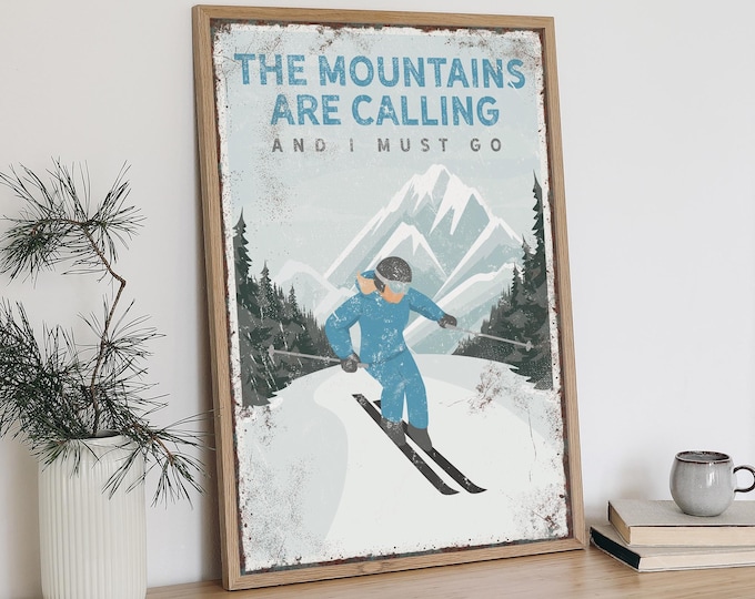 Vintage Ski Poster, Woman Skiing Scene, Cerulean Accent (Custom Sizes)