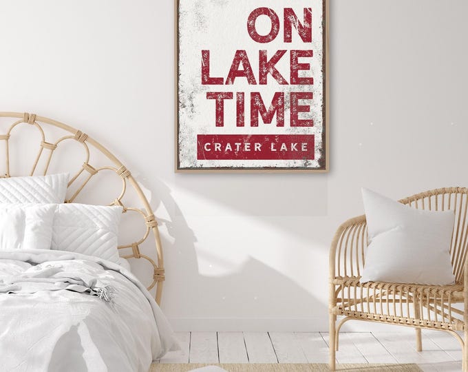 On Lake Time Sign, Deep Red and Cream Banner Wall Art, Custom Lake Name Gift