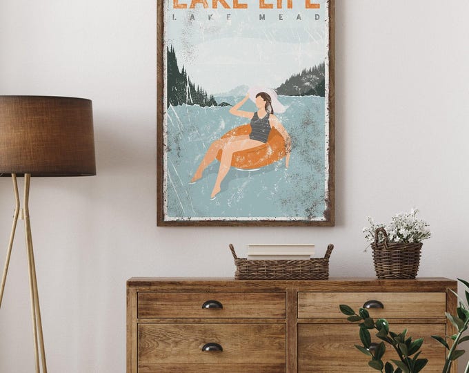 vintage LAKE LIFE sign > personalized orange lake house decor, lake inner tube poster, vacation home print for farmhouse (Lake Mead) {VPL}