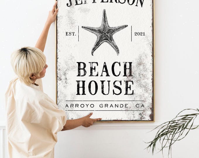 Jefferson Beach House Sign, Custom Family Name, Est Year, Starfish